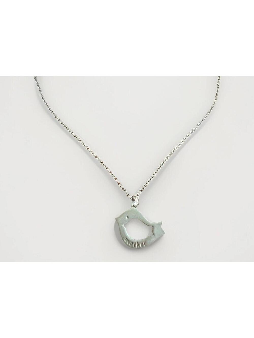 Silver Bird Pendant Necklace "Mother" Engraved Mommy Baby Charm 17" Long